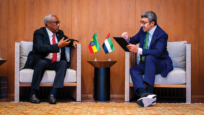 عبدالله بن زايد خلال اجتماعه مع نائب رئيس الوزراء وزير الخارجية الإثيوبي دمقي مكونن.   وام