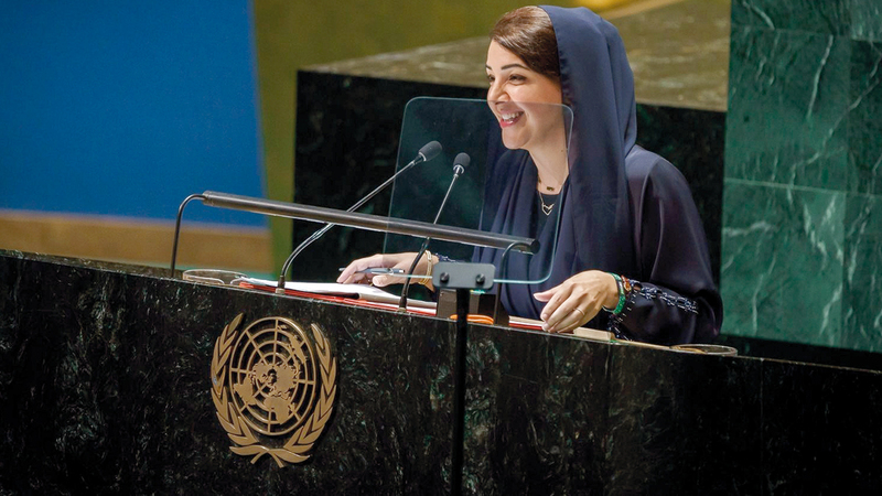 ريم الهاشمي خلال إلقاء بيان الإمارات في الجمعية العامة للأمم المتحدة. وام