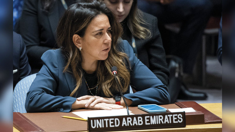 المندوبة الدائمة للدولة لدى الأمم المتحدة السفيرة لانا زكي نسيبة تلقي كلمة الإمارات في مجلس الأمن. إي.بي.إيه
