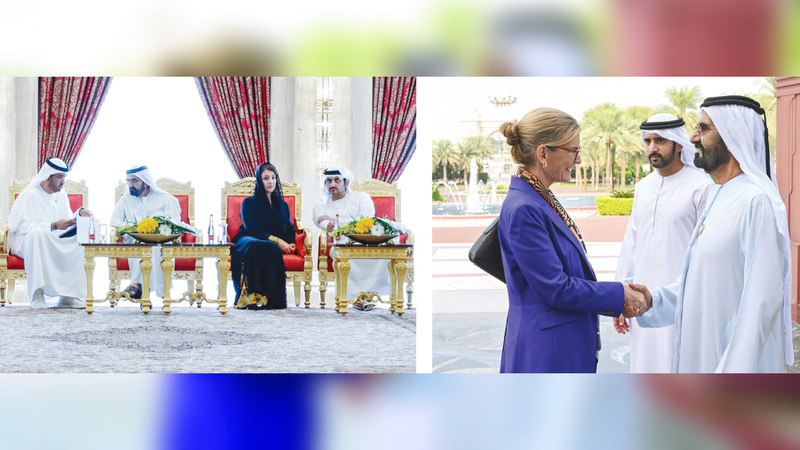 محمد بن راشد خلال استقبال الوفود المشاركة في مؤتمري &laquo;إيكاو&raquo; و&laquo;العالمي للاتصالات&raquo; بحضور حمدان بن محمد ومكتوم بن محمد. وام