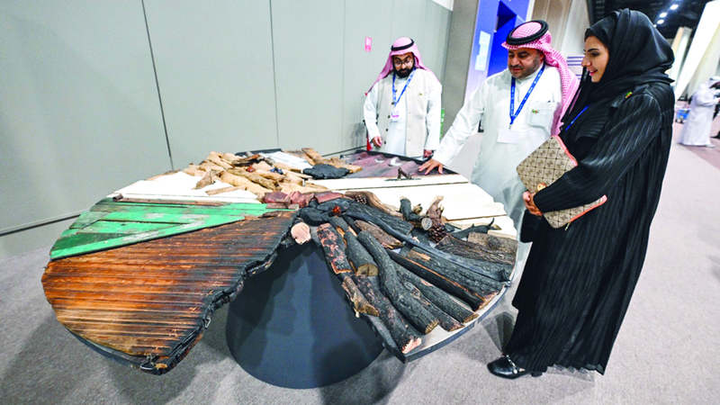 الطاولة المشغولة بمواد الكوارث المناخية تستوقف زوار «كوب 28». تصوير: باتريك كاستيلو