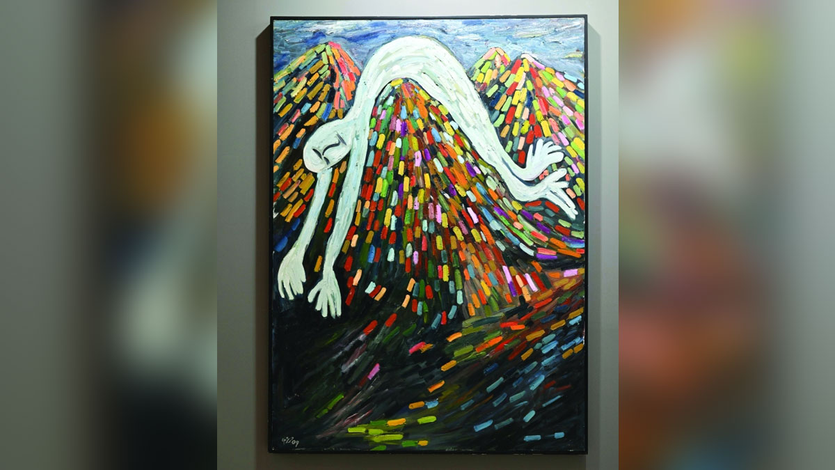 لوحة للفنان الراحل حسن شريف وعنوانها «رجل وجبل» وتعود لعام 2008. تصوير: أحمد عرديتي