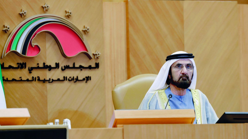 محمد بن راشد خلال افتتاحه جلسة &laquo;الوطني&raquo;. وام