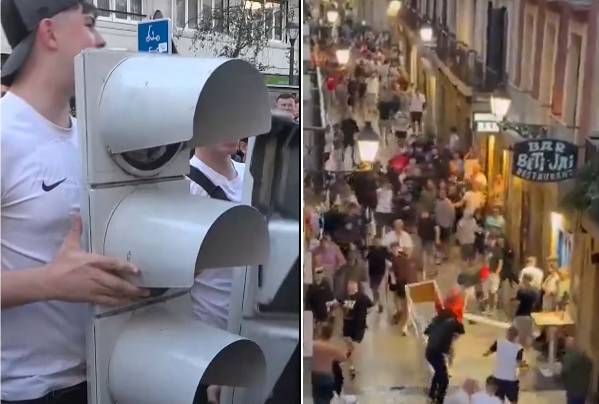 حطموا إشارات المرور.. الجمهور الإنجليزي يتبادل اللكمات في شوارع إسبانيا (فيديو)