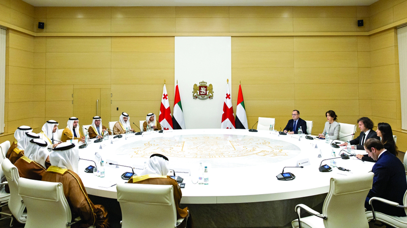 رئيس الدولة ورئيس الوزراء الجورجي خلال جلسة المباحثات. وام