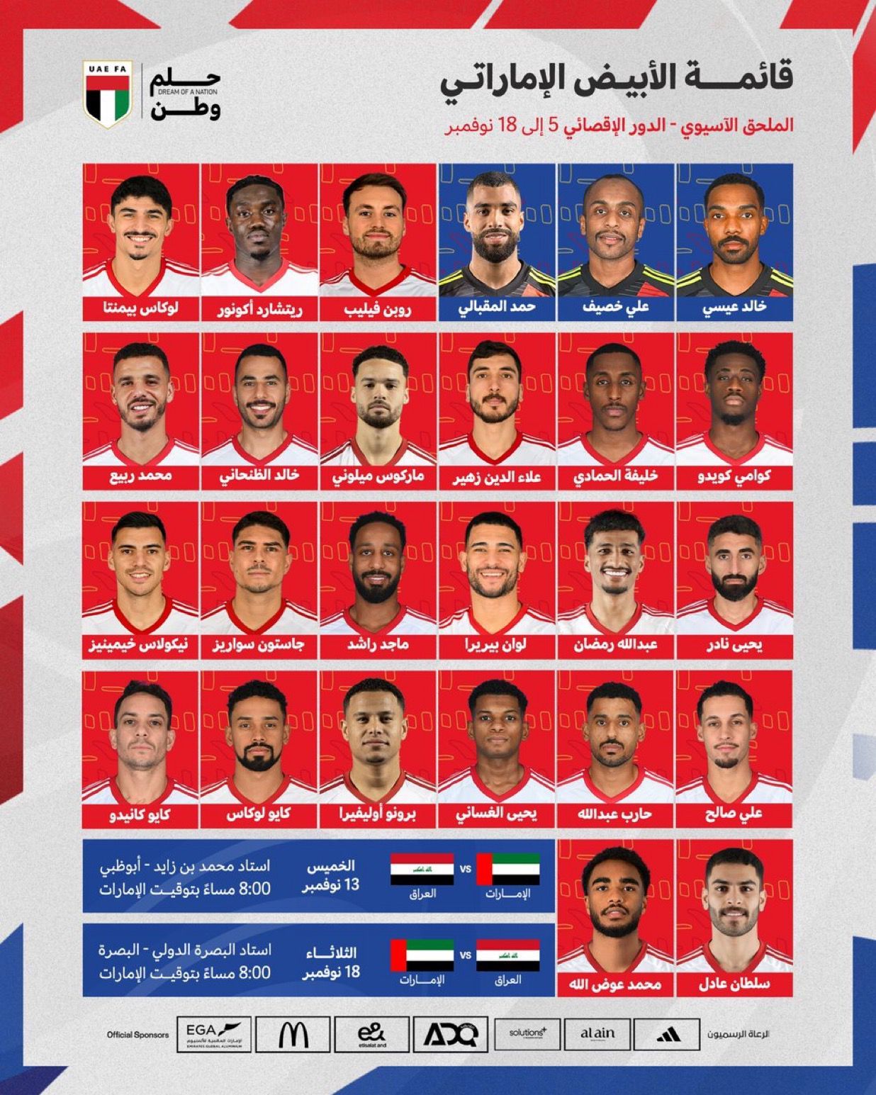 تشكيلة "الأبيض" أمام منتخب العراق في الدور الإقصائي المؤهل لنهائيات كأس العالم