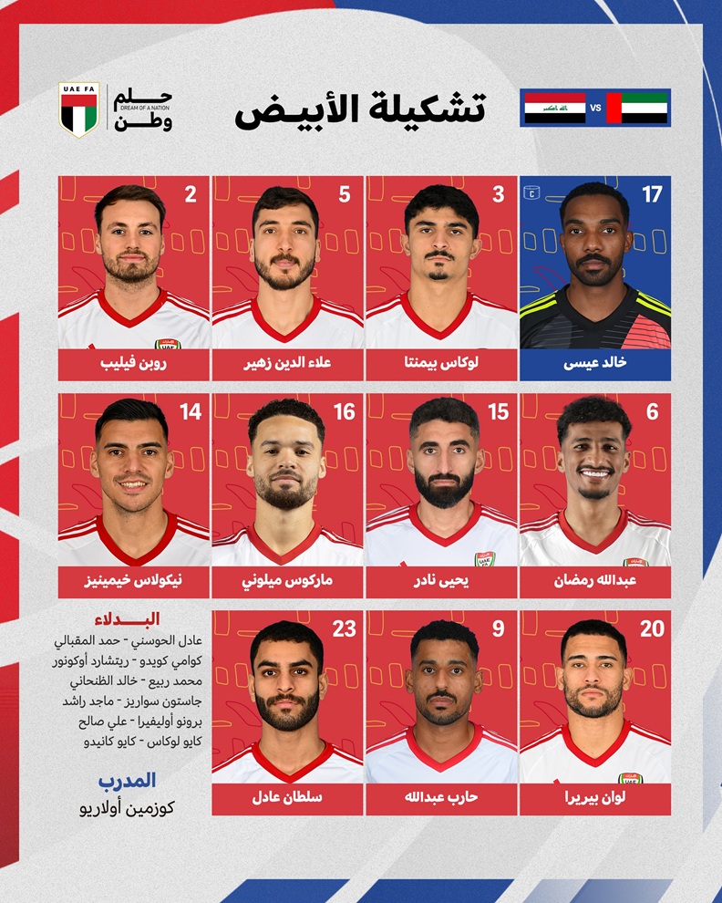 سلطان عادل يقود هجوم الإمارات أمام العراق.. وأدوار هجومية لحارب وبيريرا