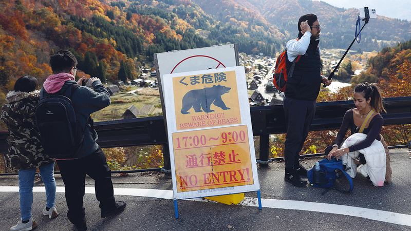 زوار يلتقطون صوراً تذكارية بجانب لافتة تحذيرية من الدببة في منطقة سياحية شهيرة. رويترز