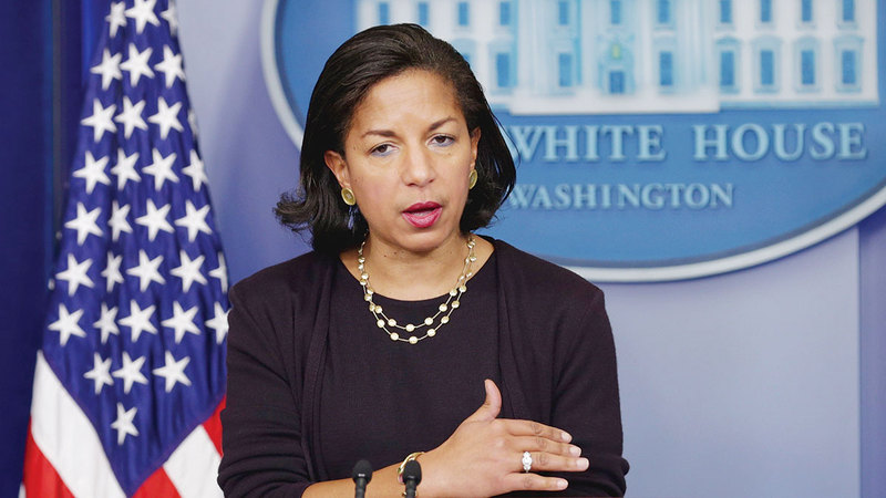 سوزان رايس خلال حديث لها مع الصحافة عندما كانت في البيت الأبيض. أرشيفية