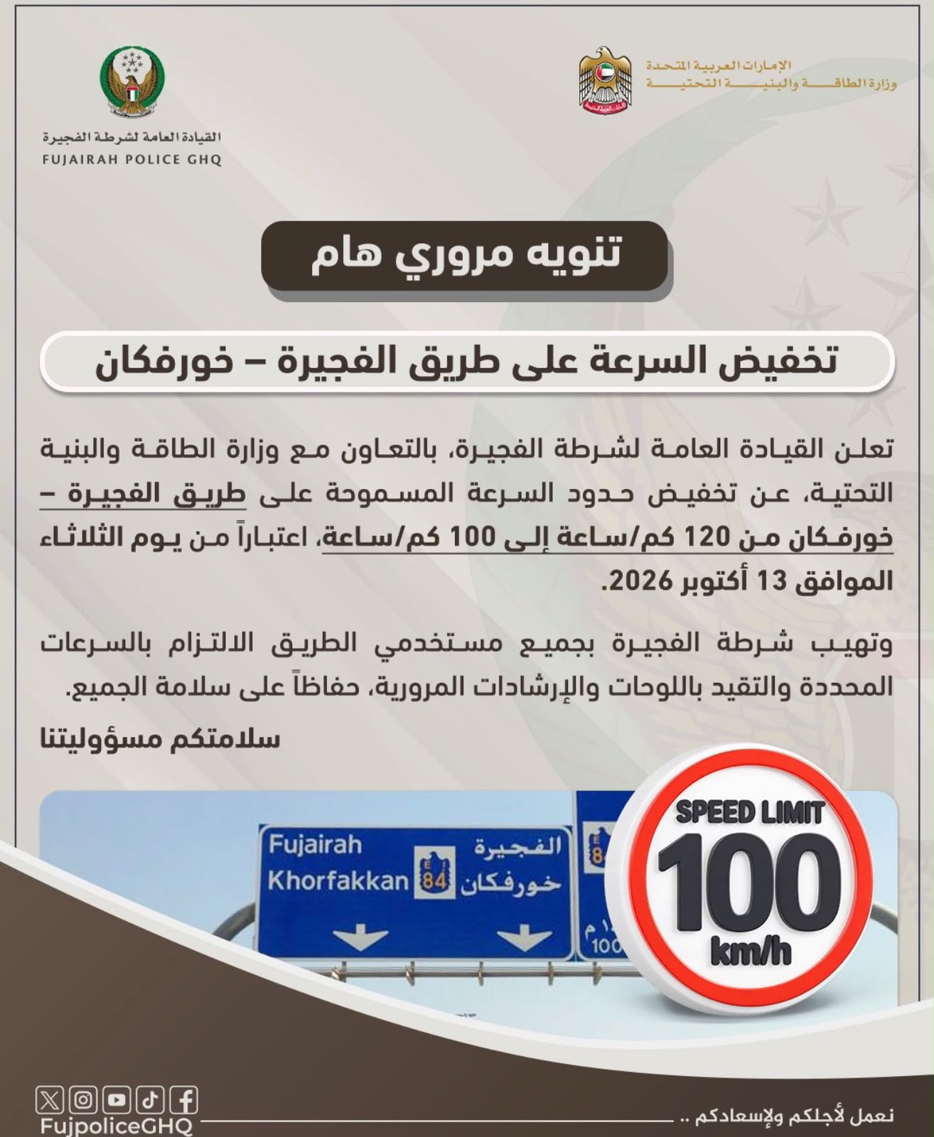 خفض السرعة على طريق الفجيرة – خورفكان من 120 إلى 100 كيلومتر في الساعة اعتباراً من الثلاثاء خفض السرعة على طريق الفجيرة – خورفكان من 120 إلى 100 كيلومتر في الساعة اعتباراً من الثلاثاء
