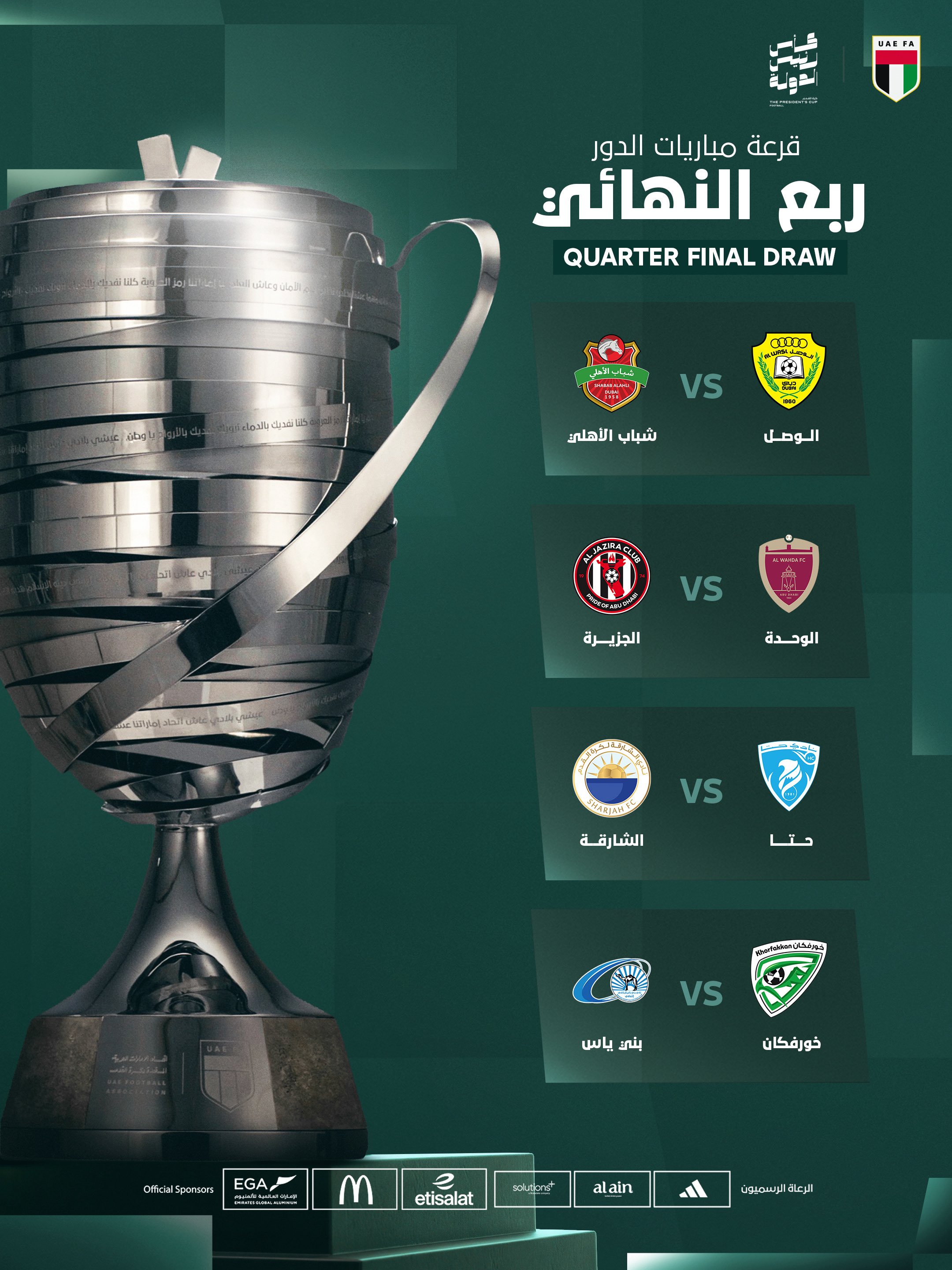 ديربيان مرتقبان في ربع نهائي الكأس.. الجزيرة يصطدم بالوحدة وشباب الأهلي يواجه الوصل