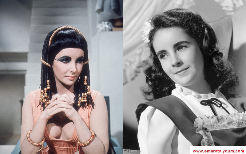 توفيت الأربعاء 23 مارس 2011 الممثلة الأسطورية الأميركية، إليزابيث تايلور، في مستشفى بولاية لوس أنجلوس، عن عمر يناهز 79 عاماَ.. في الصورة الأولى تايلور خلال تجسيدها شخصية كليوباترا في الفيلم الشهير الذي حمل الأسم عينه، والصورة الثانية لتايلور حين كانت في الـ12 من العمر وتعود لعام 1944 - غيتي