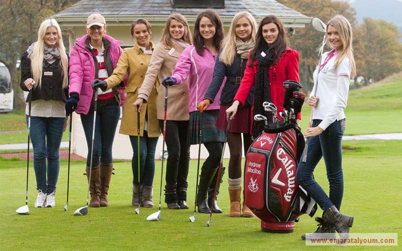 أحلى مجموعة متسابقات غولف. من اليسار:  ملكات جمال ألمانيا والسويد وهولندا وفرنسا واسكتلندا وانكلترا وآيرلندا الشمالية والولايات المتحدة. غيتي