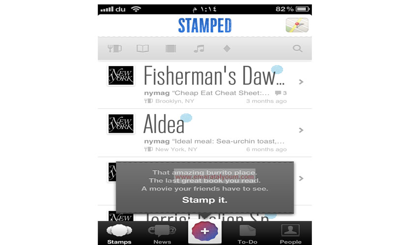 5- stamped: يمكنك من خلال هذا التطبيق المجاني المتوفر لمستخدمي الأي فون ونظام (ios) حفظ مواضيع أعجبوا فيها ومشاركتها مع بعضهم البعض. ويشير شرح للبرنامج إلى أن بالإمكان "تأشير مطعم قمت بزيارته أو كتاب قرأته أو فيلم تعتقد أن على الأصدقاء مشاهدته".