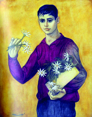 لوحة «بائع الورد» للفنان لؤي كيالي.	تصوير: باتريك كاستيلو