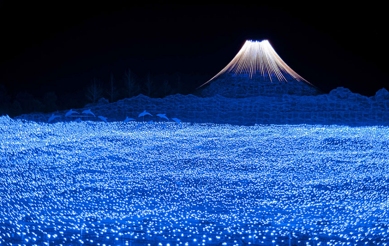 يدخل زائرو الجزيرة عبر نفق من الأضواء، حتى يصلوا إلى الجزيرة التي تشتمل تصاميم من الأضواء الصغيرة مكونة من مناظر مركبة مثل جبل فوجي