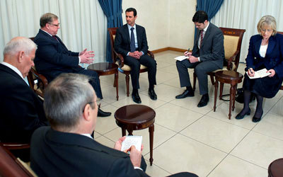 الأسد لدى استقباله وفد «الجمعية الإمبراطورية الأرثوذكسية الفلسطينية في روسيا».  إي.بي.إيه