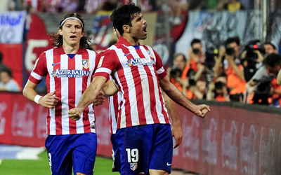 كوستا يحتفل بعد تسجيله الهدف الثاني لأتلتيكو من ضربة جزاء. أ.ف.ب