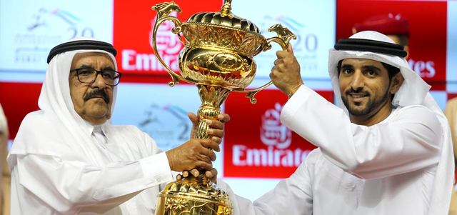 محمد بن راشد يشهد تتويج حمدان بن محمد بكأس دبي العالمي للخيول بحضور حمدان بن راشد. تصوير: أسامة أبوغانم وباتريك كاستيلو