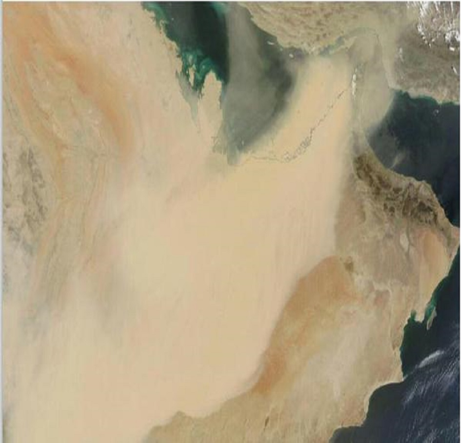 صورة نشرتها وكالة ناسا تظهر حجب العاصفة الترابية تضاريس الإمارات وجزء من السعودية وعمان.المصدر:مصدر للطقس.