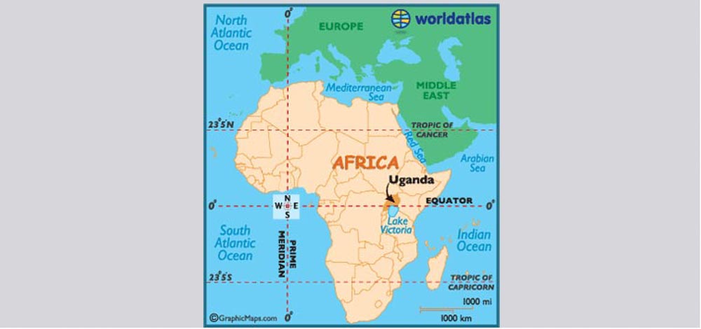 خط الاستواء (equator) يظهر على خارطة أوغندا. انترنت