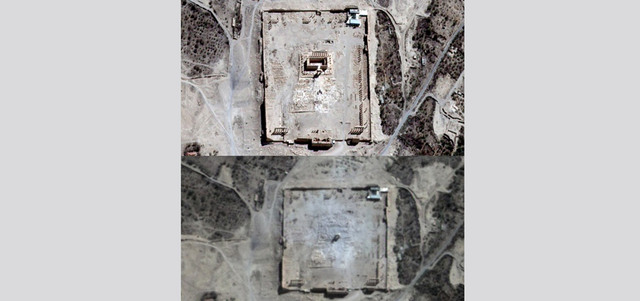 صورة بالأقمار الاصطناعية لمعبد «بعل» قبل تدميره وبعده.  أ.ف.ب