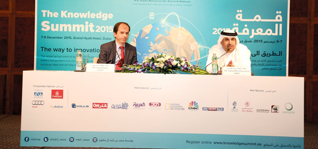 خلال المؤتمر الصحافي للإعلان عن أجندة «قمة المعرفة».من المصدر