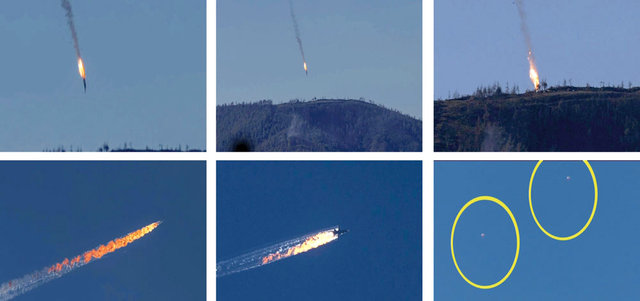 صور من فيديو بثته قناة تركية يظهر مراحل إسقاط تركيا الطائرة الروسية على الحدود السورية.  إي.بي.إيه
