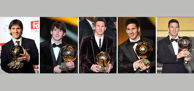 ميسي يواصل هوايته في تحطيم الارقام القياسية في الاهداف والبطولات والكرات الذهبية.  أ.ف.ب