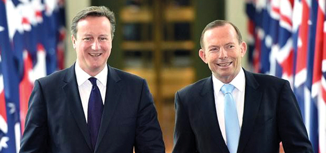 رئيس الوزراء السابق، توني ابوت يظهر في صورة مع رئيس الوزراء البريطاني، ديفيد كاميرون