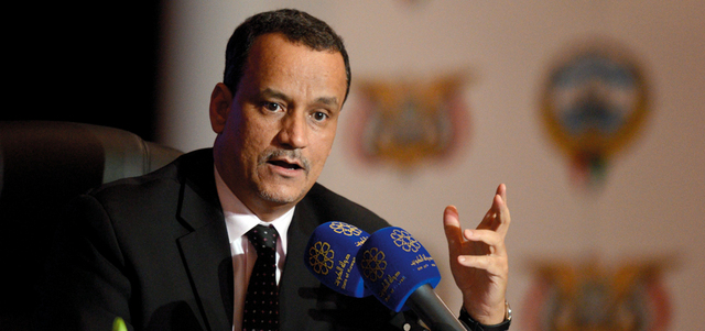 المبعوث الأممي ولد الشيخ أحمد خلال مؤتمر صحافي عقب إحدى جلسات المشاورات. إي.بي.إيه