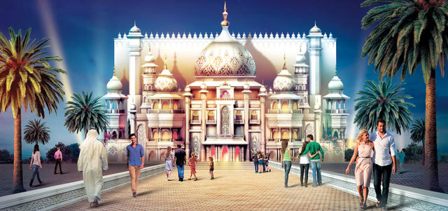 مسرح «راج محل» يتسع لـ850 شخصاً ويقدم 30 عرضاً حياً في خمسة مسارح على مدار اليوم.  من المصدر