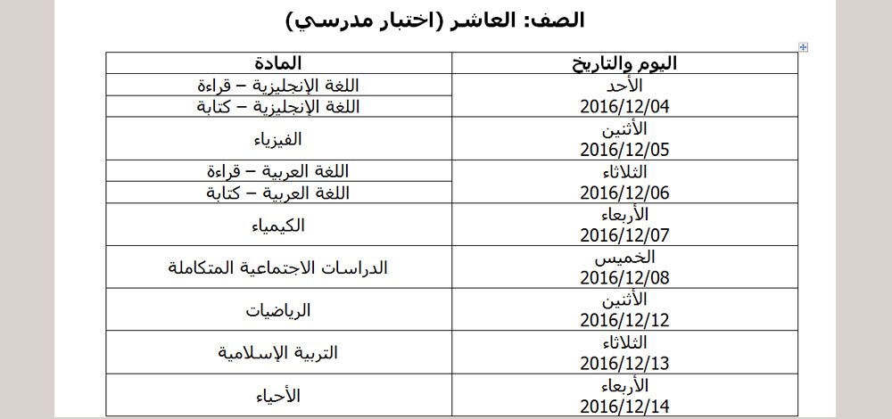 الصف: العاشر (اختبار مدرسي)