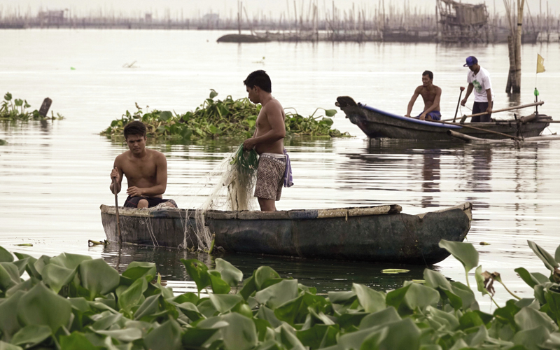 صيادون فلبينيون يصطادون أسماكاً بالقرب من حظيرة للسمك في بحيرة لاغونا بمدينة مونتنلوبا. إي.بي.إيه
