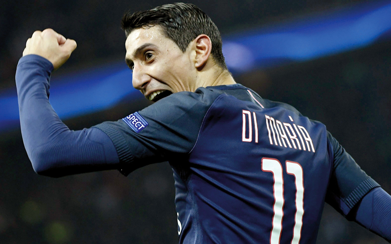 دي ماريا أفزع الكاتالونيين وسجل هدفين من الرباعية.  أ.ف.ب