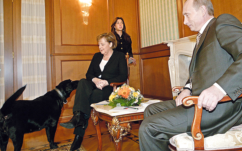 كلبة بوتين تتحرش بالمستشارة الألمانية.  غيتي