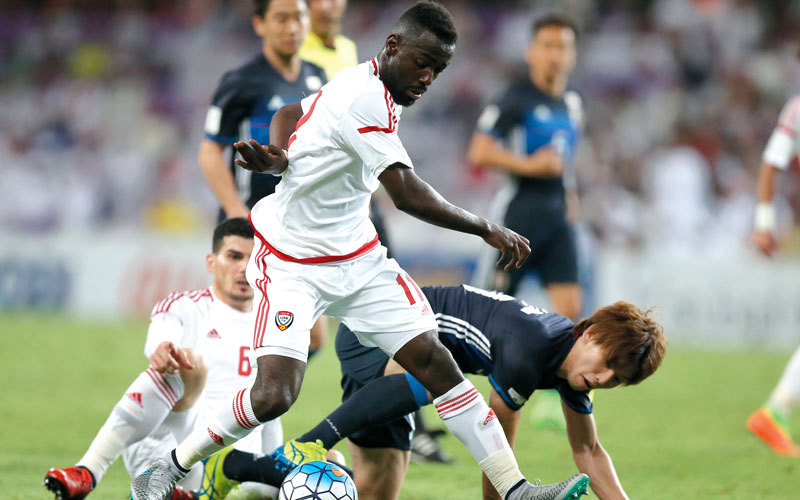 لاعب المنتخب أحمد برمان خلال لقاء اليابان الأخير. تصوير: أسامة أبوغانم